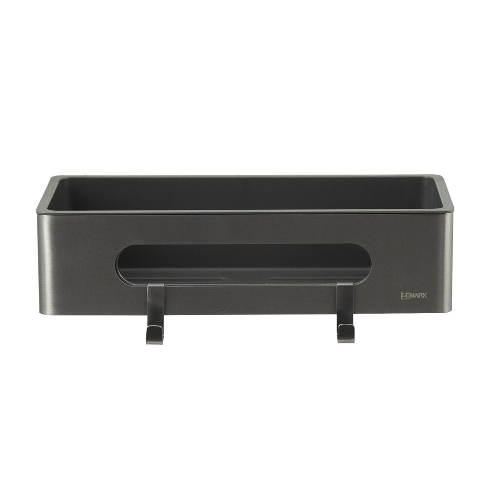 9776045 Полка для душа прямая Lemark SHELF LINE из нерж. стали с крючками, графит/вставка-пластик графит LEMARK