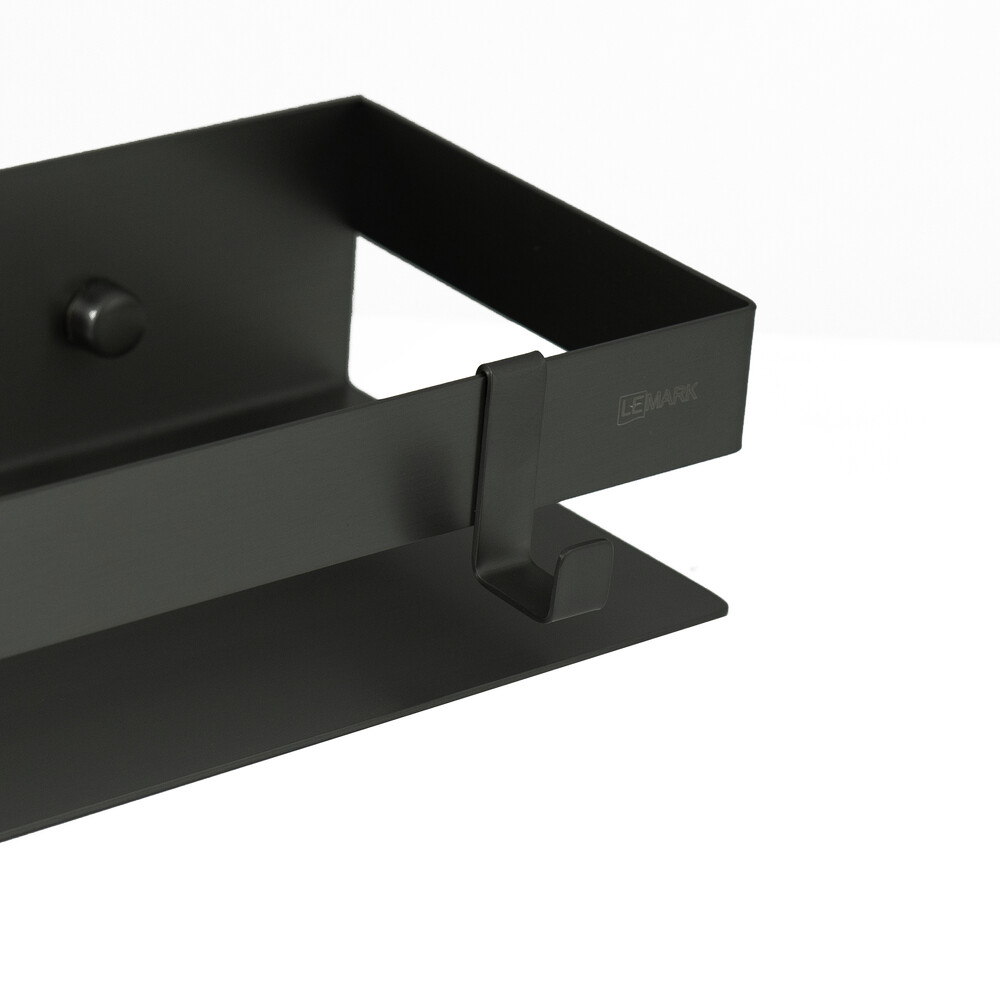 9772053 Полка для душа прямая 400 мм Lemark SHELF LINE из нерж. стали с крючками, черный LEMARK