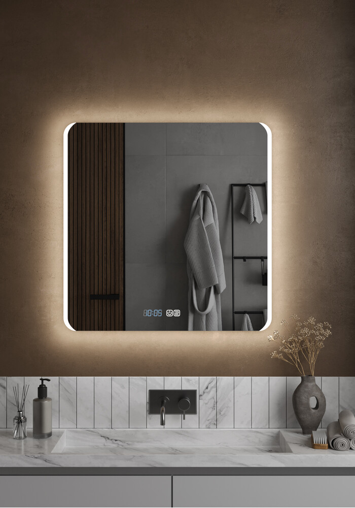 Зеркало SANTREK HOME с LED подсветкой "АНУБИС" 800х800мм (антизап-е,часы,t)