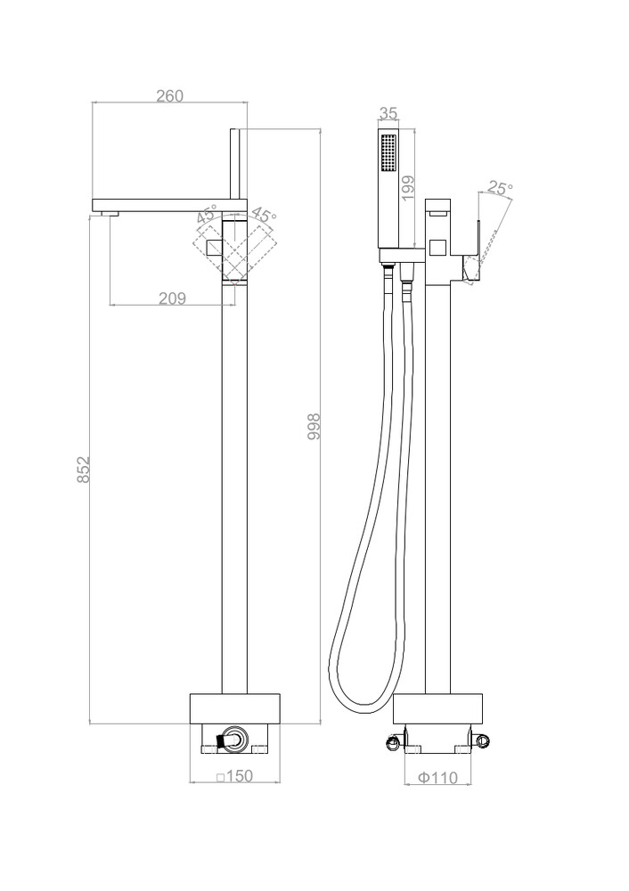  DA1516007 Напольный смеситель для ванны с душем D&K Bayern.Liszt матовое золото   НОВИНКА