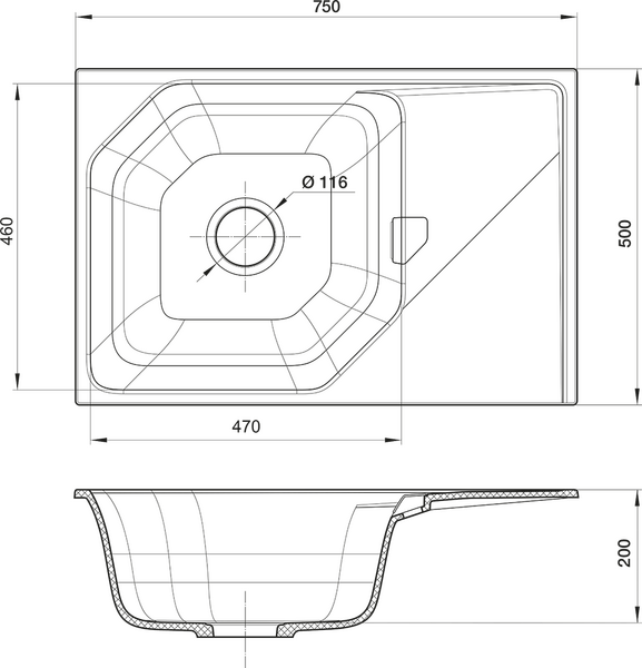 RIVELATO Мойка LOCUS 75  1-чаш 750*500 topazio арт.LS-75 topazio