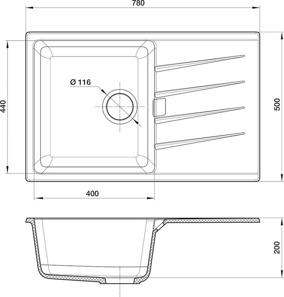 RIVELATO Мойка RAUM 78  1-чаша 780*500мм nero арт.RM-78 nero
