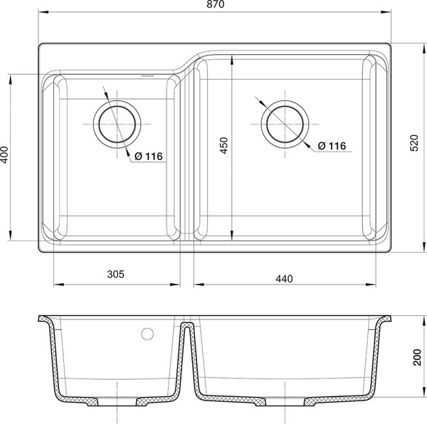 RIVELATO Мойка AXEL 90D  2-чаши 870*520мм topazio арт.X-90D topazio