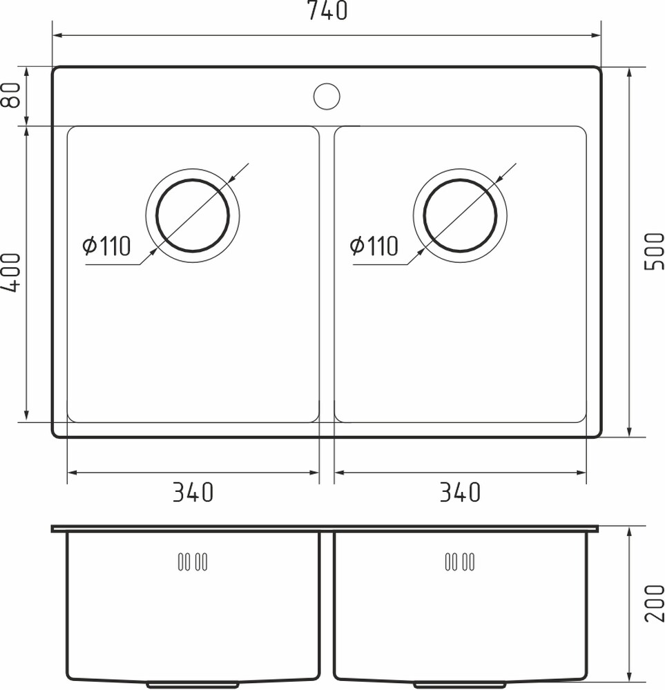 Rivelato Rinox 7450 2В Мойка нерж.сталь 2 чаши 740*500*200 мм арт.7450 2В