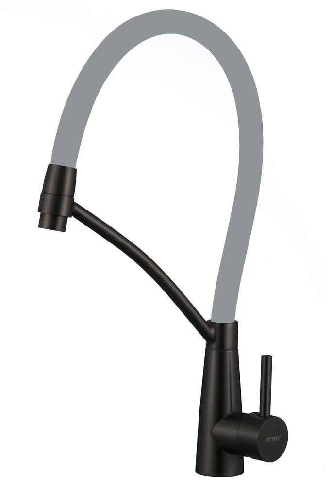 FS8255H-04 Смеситель Кухня FMARK с гибким изливом (цвет излива серый) шар. d=35, на гайке,  Чёрный, матовый