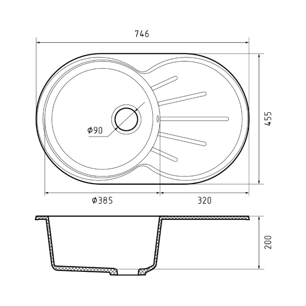 Мойка GRANFEST GF-R750L чаша + крыло 746*455 мм, овал (бежевый - 328)