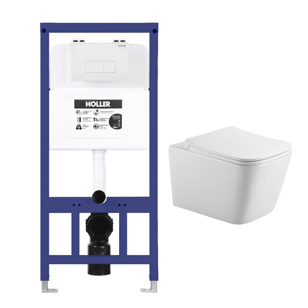  Инсталляция HOLLER MQ102 (комплект 3 в 1) + Унитаз подвесной безободковый HOLLER BLOCK MW,белый матовый  + Клавиша смыва HOLLER MWHV, матовый белый