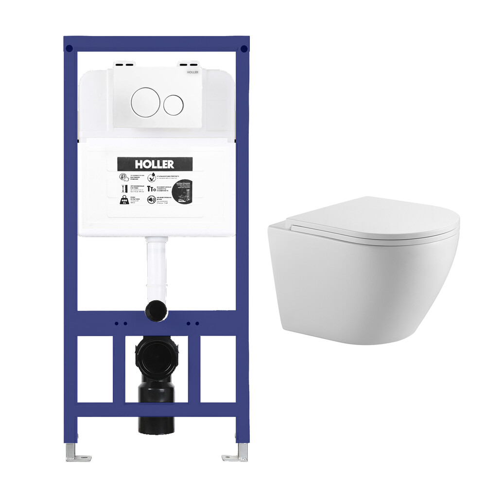   Инсталляция HOLLER MQ102 (комплект 3 в 1) + Унитаз подвесной безободковый HOLLER POINT MW,белый матовый  + Клавиша смыва HOLLER MWHR, матовый белый