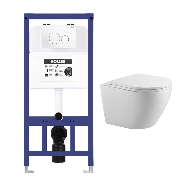   Инсталляция HOLLER MQ102 (комплект 3 в 1) + Унитаз подвесной безободковый HOLLER POINT MW,белый матовый  + Клавиша смыва HOLLER MWHR, матовый белый