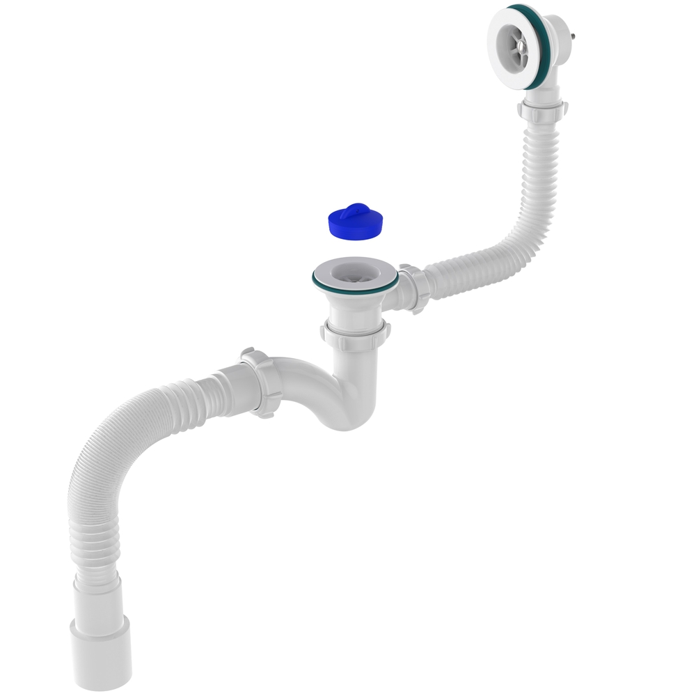 PV157-30-MR Сифон для ванны узкий прямоточ 1 1/2х40, выпуск перелив, 2 пласт.реш без цеп, гт 40х40/50 Aquant 