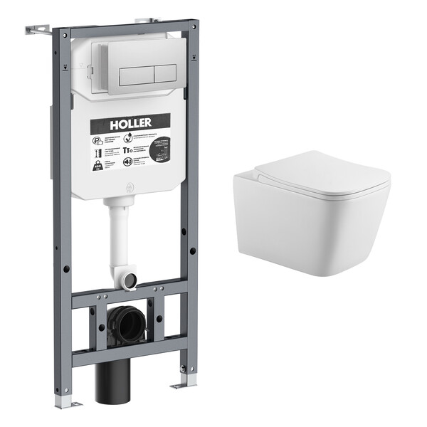 Инсталляция HOLLER K133-A04 (комплект 3 в 1) + Унитаз подвесной безободковый HOLLER BLOCK, белый + Клавиша смыва K5234, хром (+ звукоизол плита)