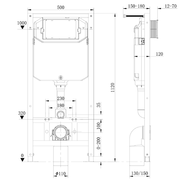 Инсталляция HOLLER  K133-A04 (500*120*1120мм), (3/6л, WDI)  (комплект 2 в 1)  + Клавиша смыва K5235 (236*152*28мм) белый (+ звукоизоляционная плита)