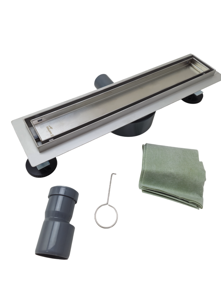 Линейный душевой трап SANTREK  B-70400 нерж 70*400мм (горизонтальный выпуск 360 гр, ф40) (решетка щелевая, под плитку) сухой затвор и гидрозатвор