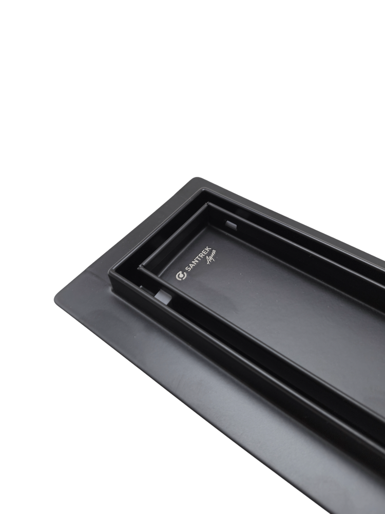 Линейный душевой трап SANTREK  B-70500 BLACK нерж 70*500мм (горизонт выпуск 360 гр, ф40) (решетка под плитку) черный, сухой затвор и гидрозатвор
