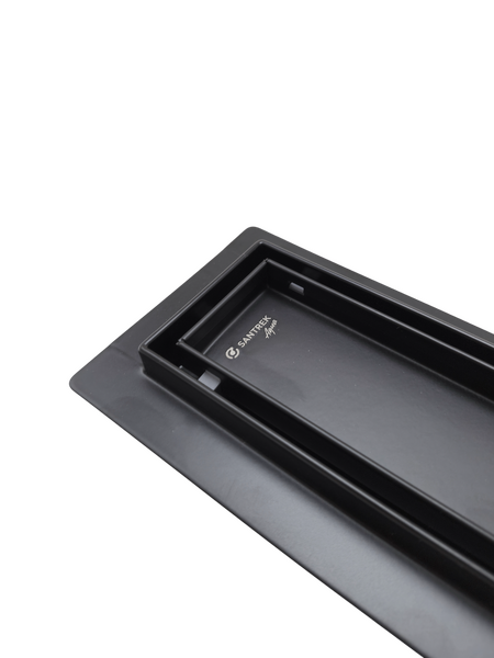Линейный душевой трап SANTREK  B-70500 BLACK нерж 70*500мм (горизонт выпуск 360 гр, ф40) (решетка под плитку) черный, сухой затвор и гидрозатвор