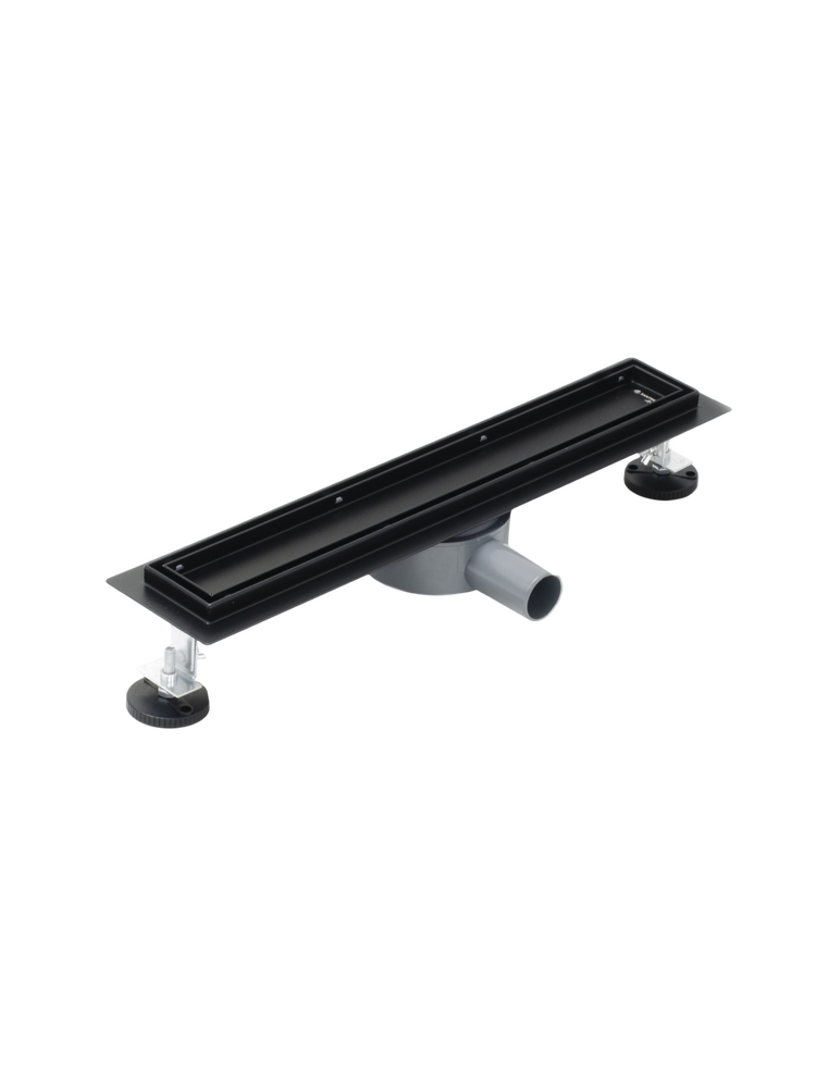 Линейный душевой трап SANTREK  B-70500 BLACK нерж 70*500мм (горизонт выпуск 360 гр, ф40) (решетка под плитку) черный, сухой затвор и гидрозатвор