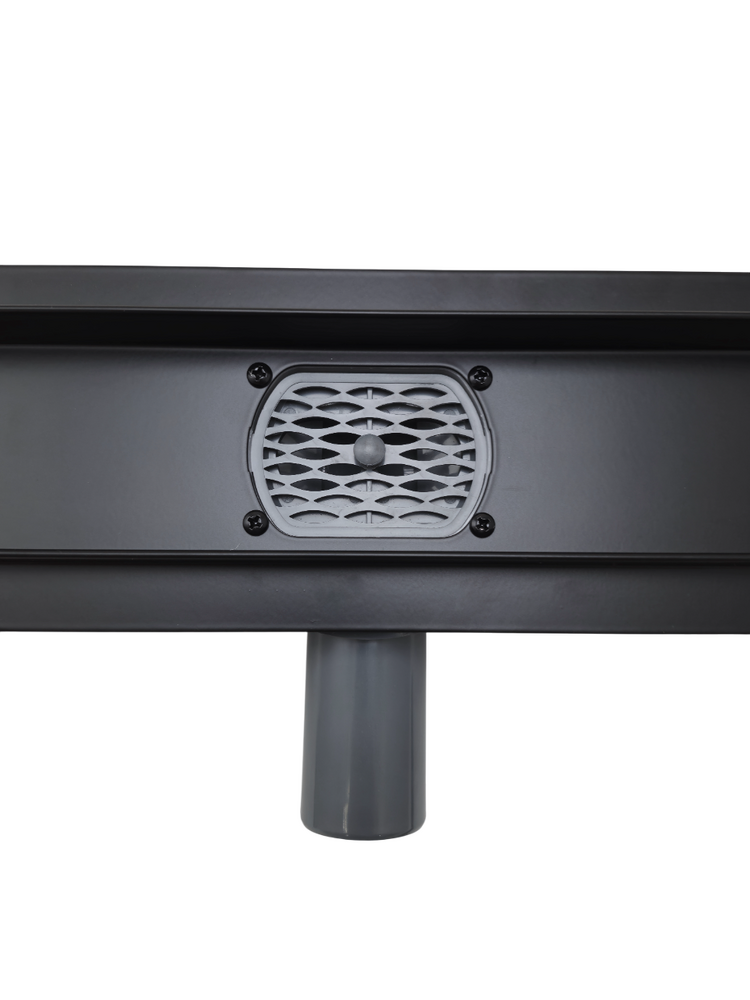Линейный душевой трап SANTREK  B-70500 BLACK нерж 70*500мм (горизонт выпуск 360 гр, ф40) (решетка под плитку) черный, сухой затвор и гидрозатвор