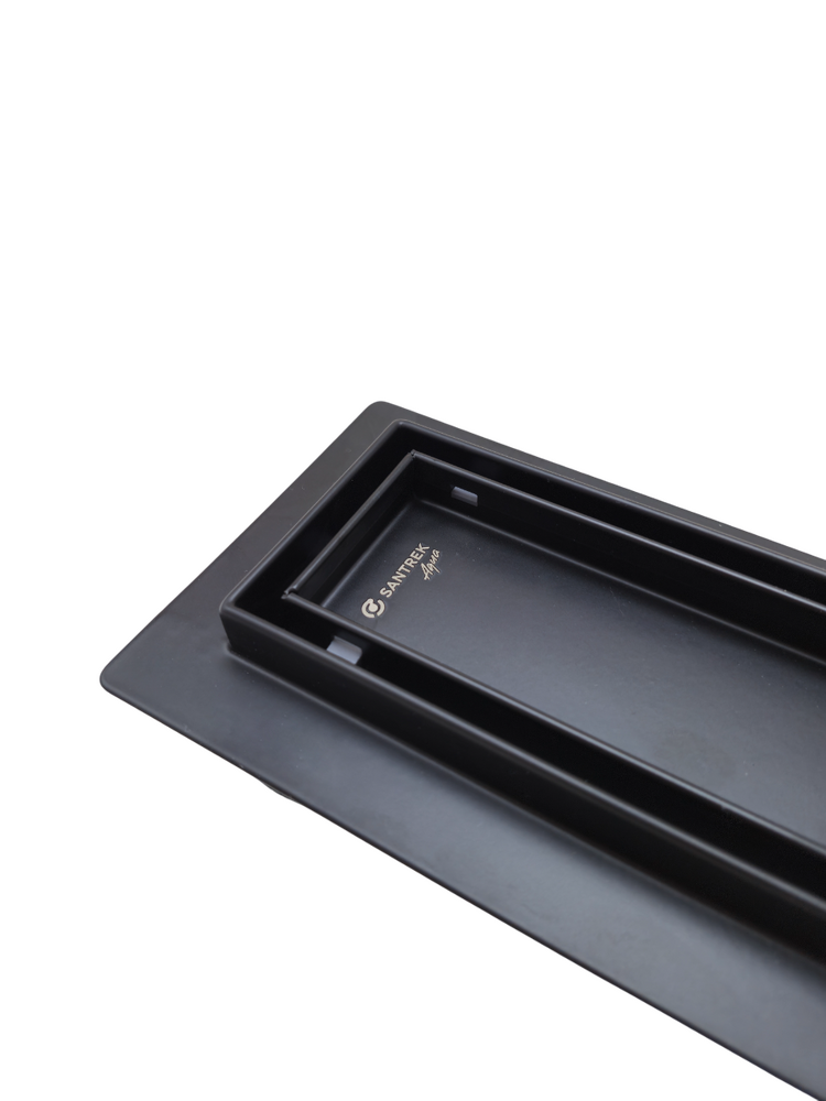Линейный душевой трап SANTREK  B-70600 BLACK нерж 70*600мм (горизонт выпуск 360 гр, ф40) (решетка щелевая, под плитку) сухой затвор и гидрозатвор