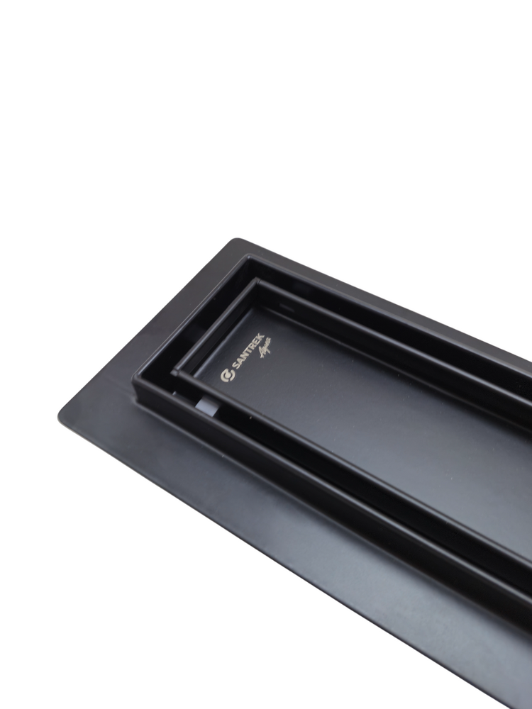 Линейный душевой трап SANTREK  B-70800 BLACK нерж 70*800мм (горизонт выпуск 360 гр, ф40) (решетка под плитку) черный, сухой затвор и гидрозатвор