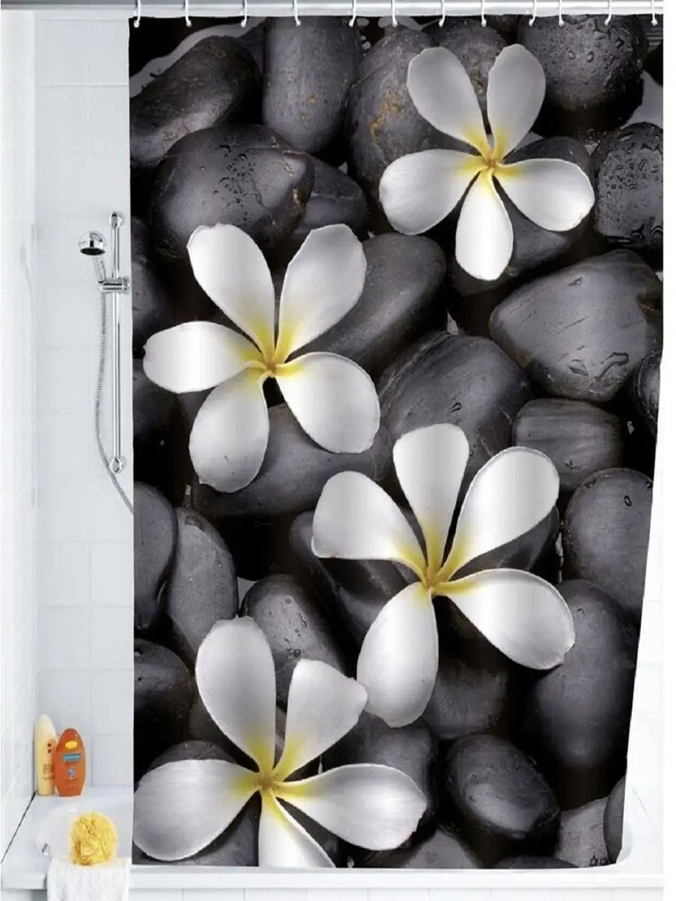 Штора д/ван "ZALEL" ФОТОПРИНТ 180х180 YGL Z-003 Stone Flora сер/черн/бел с кольцами ***