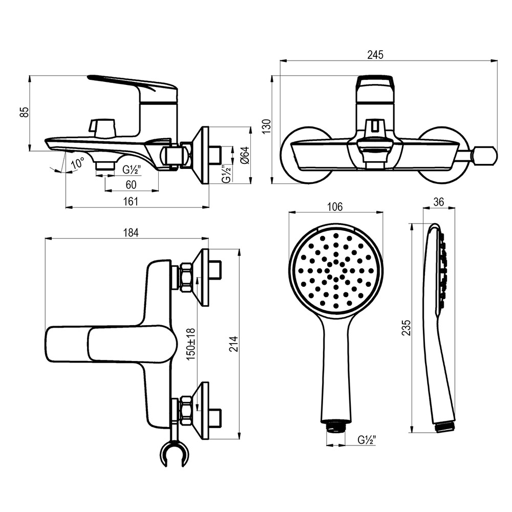 LM11414C Verba Смеситель для ванны с коротким изливом, дивертор с кер. пласт., с аксессуарами, хром LEMARK								