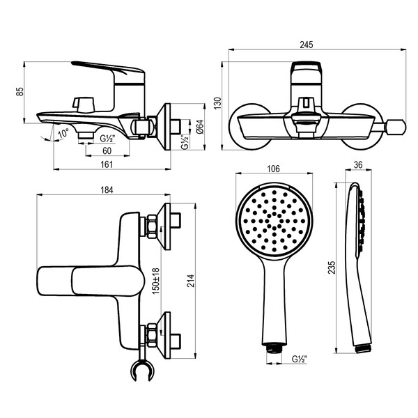 LM11414C Verba Смеситель для ванны с коротким изливом, дивертор с кер. пласт., с аксессуарами, хром LEMARK								