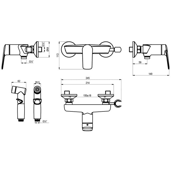 LM11418C Verba Смеситель настенный с гигиеническим душем, хром LEMARK								