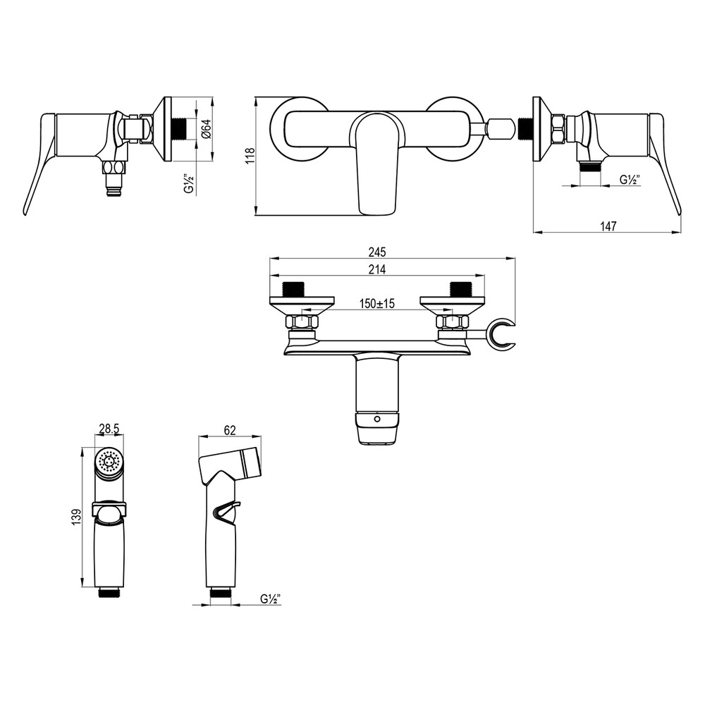 LM11318C Ortus Смеситель настенный с гигиеническим душем, хром								