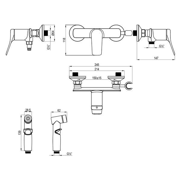 LM11318C Ortus Смеситель настенный с гигиеническим душем, хром								