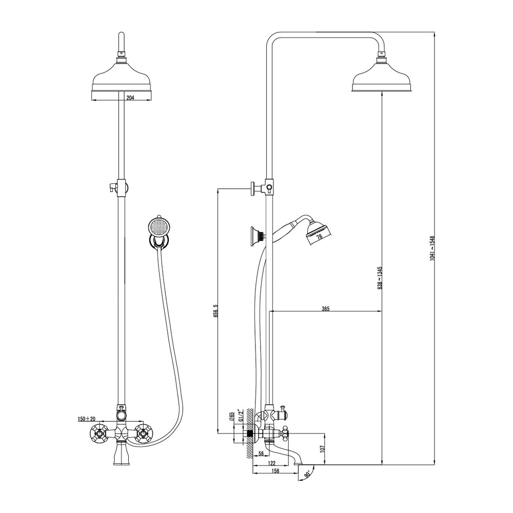 LM2862B Vintage Смеситель для ванны с верхней душевой лейкой "Тропический дождь", фиксированный изл.128мм LEMARK					