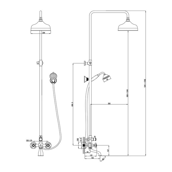 LM2862B Vintage Смеситель для ванны с верхней душевой лейкой "Тропический дождь", фиксированный изл.128мм LEMARK					