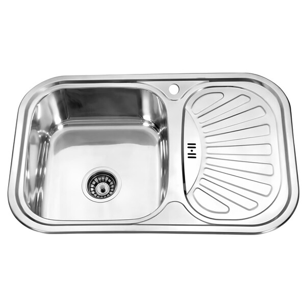 Мойка нерж врезная 75х49х180, т.0,8 левая бол. сиф (+сифон) Китай