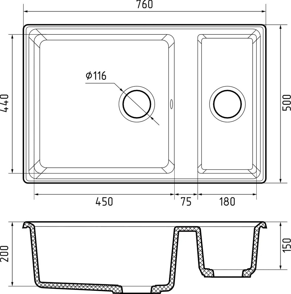 Мойка для кухни GranFest Композит LEVEL 760K 1,5 чаши 760*500 (LV-760K кашемир)	
