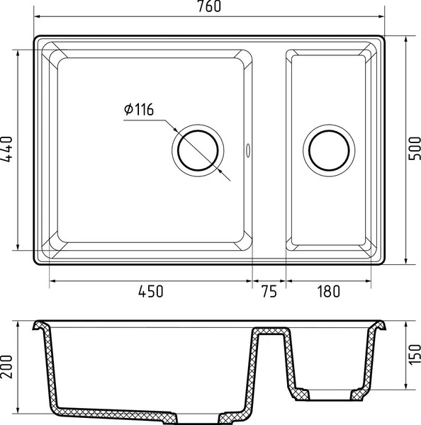 Мойка для кухни GranFest Композит LEVEL 760K 1,5 чаши 760*500 (LV-760K кашемир)	
