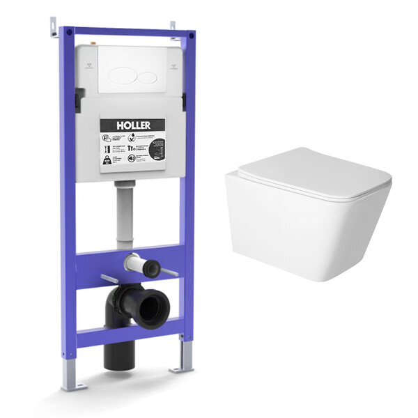    Инсталляция HOLLER MQ300 (комплект 3 в 1) + Унитаз подвесной безободковый HOLLER BLOCK T, белый + Клавиша смыва GPGI, хром 
