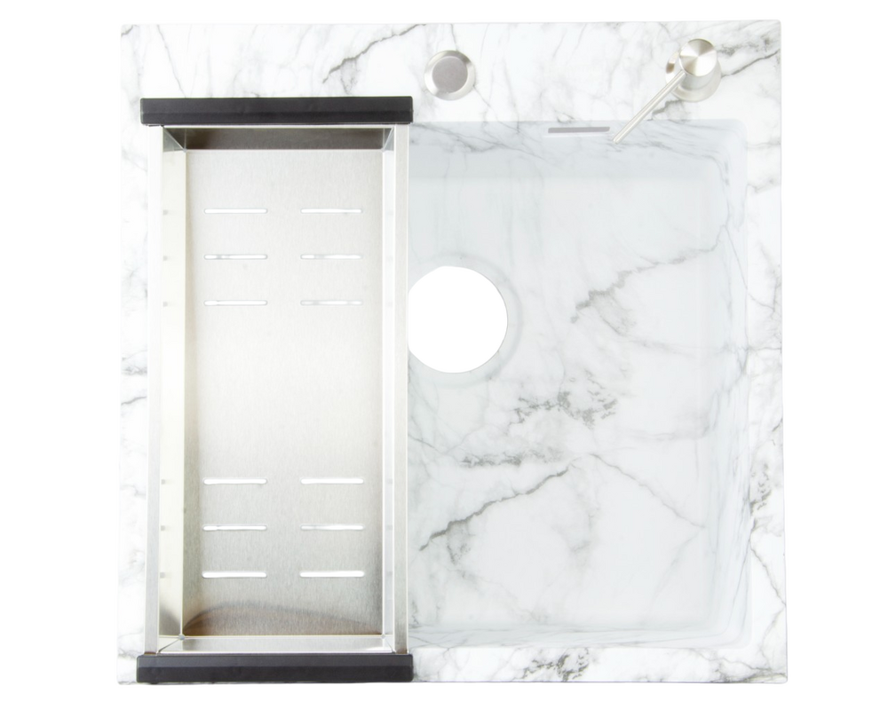 Мойка нерж врезная SANTREK AQUA 500х500х220 т 3,0 БЕЛЫЙ МРАМОР D5050HY(W) (+ сифон + дозатор) + КОЛАНДЕР 440х220 В ПОДАРОК!!!