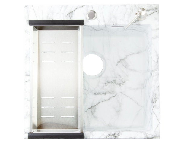 Мойка нерж врезная SANTREK AQUA 500х500х220 т 3,0 БЕЛЫЙ МРАМОР D5050HY(W) (+ сифон + дозатор) + КОЛАНДЕР 440х220 В ПОДАРОК!!!