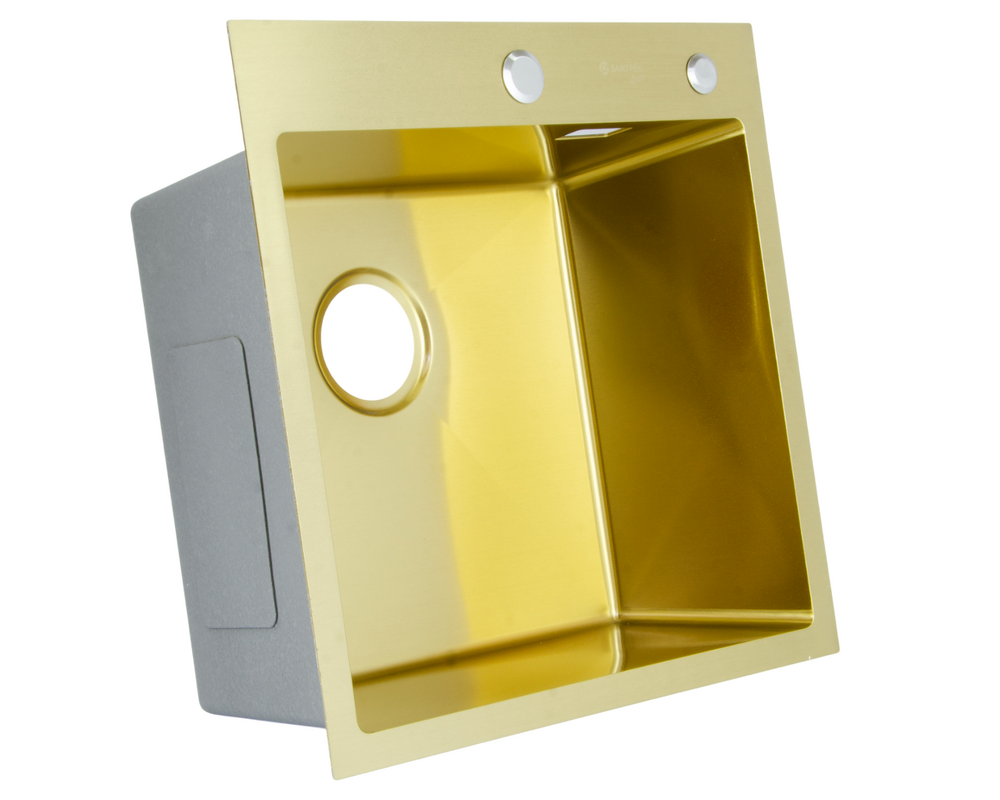 Мойка нерж врезная SANTREK AQUA PRO 500х500х220 т 3,0 ЗОЛОТО D5050HG (+ сифон + дозатор) + КОЛАНДЕР 440х220 В ПОДАРОК!!!