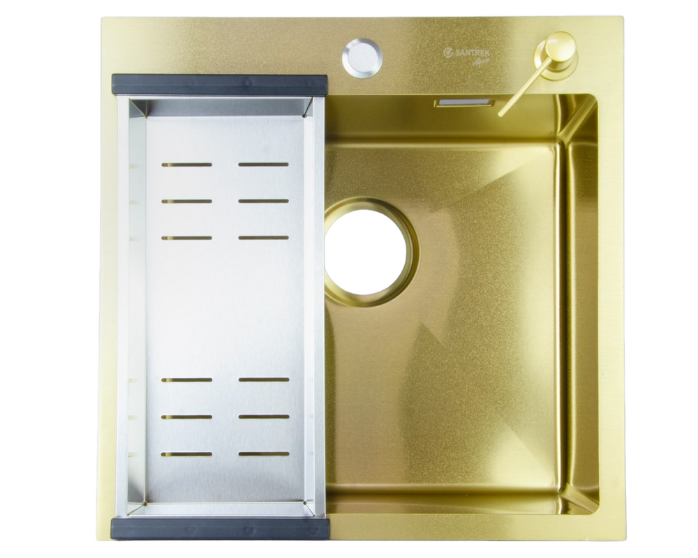 Мойка нерж врезная SANTREK AQUA PRO 500х500х220 т 3,0 ЗОЛОТО D5050HG (+ сифон + дозатор) + КОЛАНДЕР 440х220 В ПОДАРОК!!!