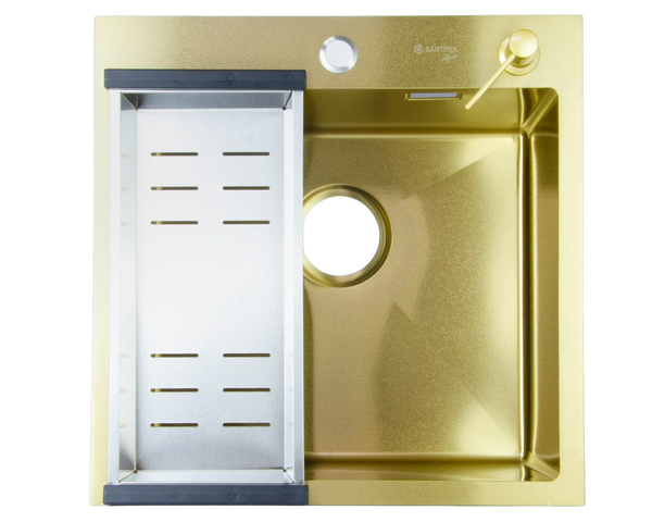 Мойка нерж врезная SANTREK AQUA PRO 500х500х220 т 3,0 ЗОЛОТО D5050HG (+ сифон + дозатор) + КОЛАНДЕР 440х220 В ПОДАРОК!!!