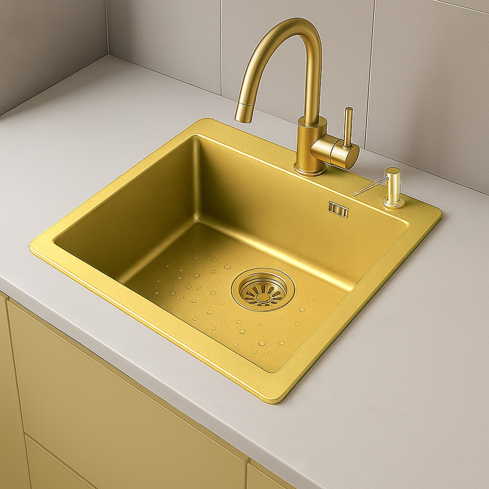 Мойка нерж врезная SANTREK AQUA PRO 500х500х220 т 3,0 ЗОЛОТО D5050HG (+ сифон + дозатор) + КОЛАНДЕР 440х220 В ПОДАРОК!!!
