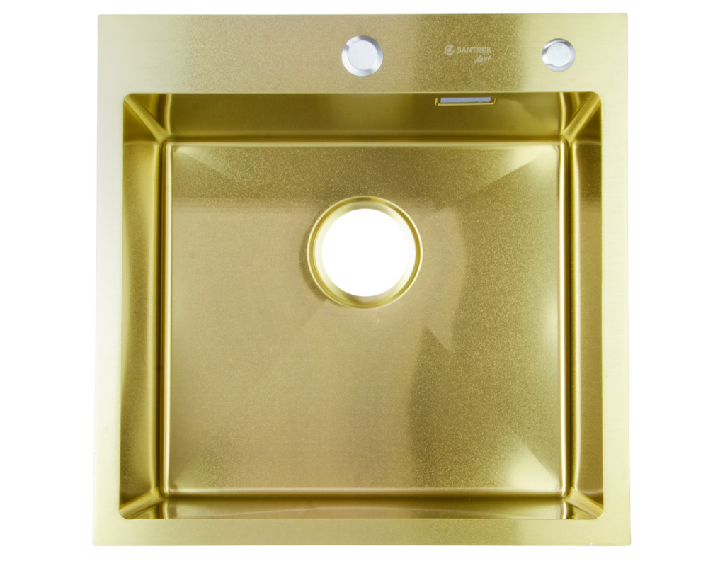 Мойка нерж врезная SANTREK AQUA PRO 500х500х220 т 3,0 ЗОЛОТО D5050HG (+ сифон + дозатор) + КОЛАНДЕР 440х220 В ПОДАРОК!!!