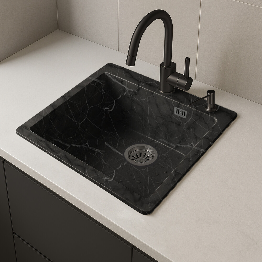 Мойка нерж врезная SANTREK AQUA 500х500х220 т 3,0 ТЕМНЫЙ МРАМОР D5050HY(B) (+ сифон + дозатор) + КОЛАНДЕР 440х220 В ПОДАРОК!!!