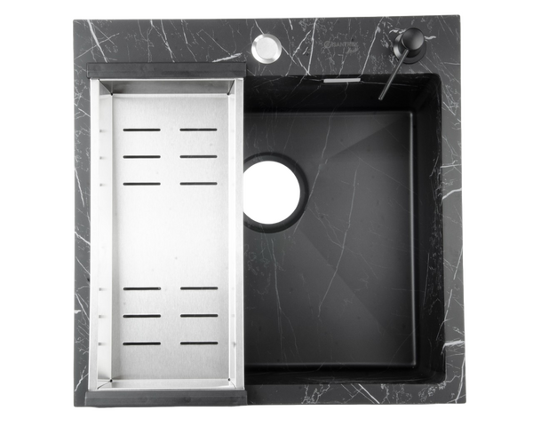 Мойка нерж врезная SANTREK AQUA 500х500х220 т 3,0 ТЕМНЫЙ МРАМОР D5050HY(B) (+ сифон + дозатор) + КОЛАНДЕР 440х220 В ПОДАРОК!!!