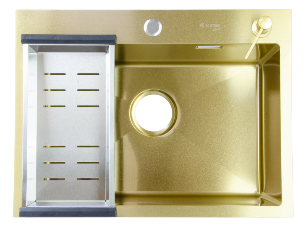 Мойка нерж врезная SANTREK AQUA PRO 600х450х220 т 3,0 ЗОЛОТО D6045HG (+ сифон + дозатор) + КОЛАНДЕР 390х220 В ПОДАРОК!!!