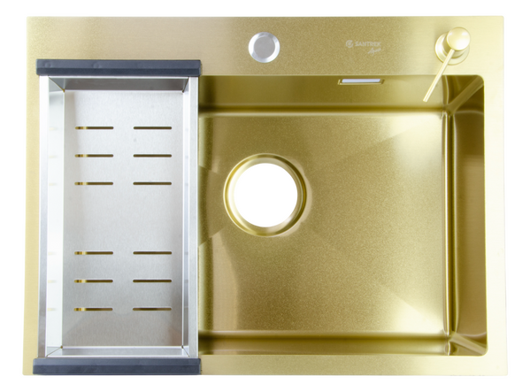 Мойка нерж врезная SANTREK AQUA PRO 600х450х220 т 3,0 ЗОЛОТО D6045HG (+ сифон + дозатор) + КОЛАНДЕР 390х220 В ПОДАРОК!!!