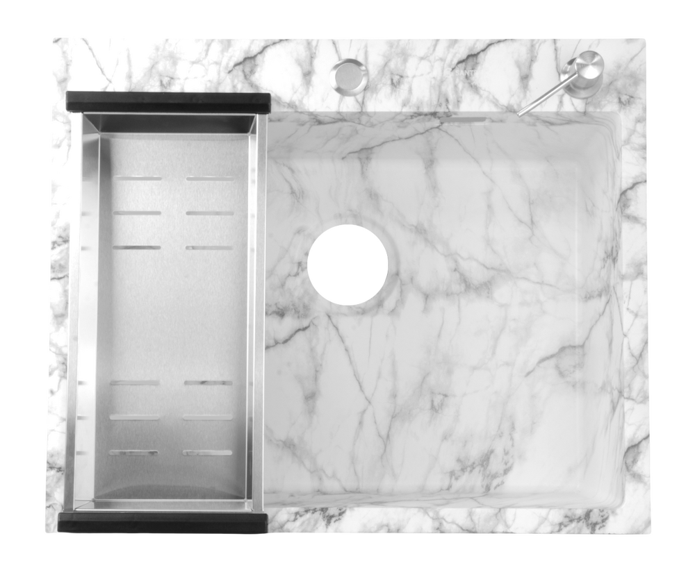 Мойка нерж врезная SANTREK AQUA PRO 600х500х220 т 3,0 БЕЛЫЙ МРАМОР D6050HY(W) (+ сифон + дозатор) + КОЛАНДЕР 440х220 В ПОДАРОК!!!