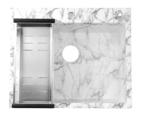 Мойка нерж врезная SANTREK AQUA PRO 600х500х220 т 3,0 БЕЛЫЙ МРАМОР D6050HY(W) (+ сифон + дозатор) + КОЛАНДЕР 440х220 В ПОДАРОК!!!