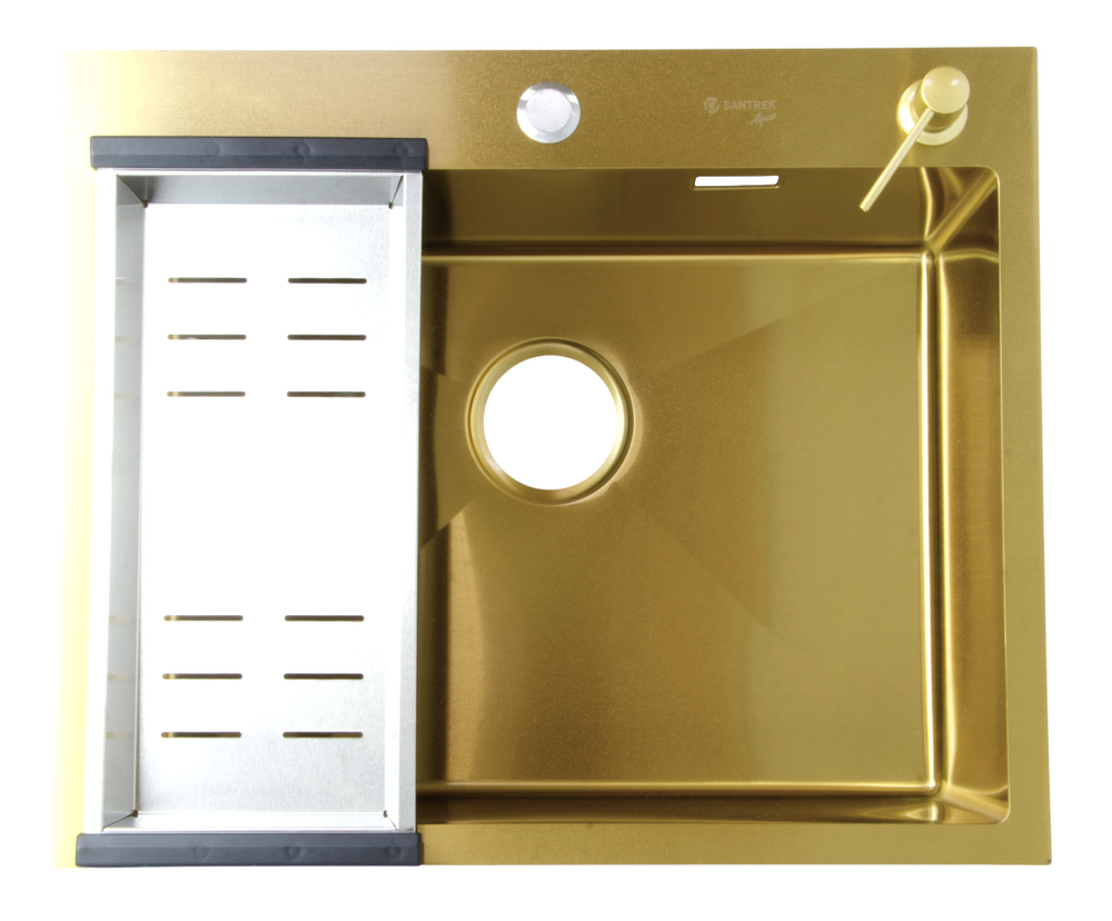 Мойка нерж врезная SANTREK AQUA PRO 600х500х220 т 3,0 ЗОЛОТО D6050HG (+ сифон + дозатор) + КОЛАНДЕР 440х220 В ПОДАРОК!!!