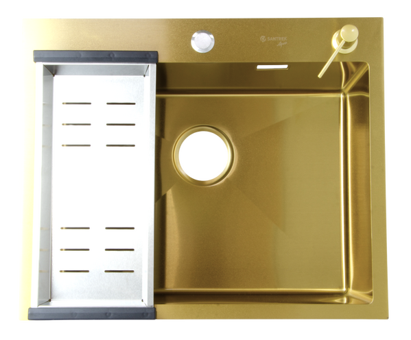 Мойка нерж врезная SANTREK AQUA PRO 600х500х220 т 3,0 ЗОЛОТО D6050HG (+ сифон + дозатор) + КОЛАНДЕР 440х220 В ПОДАРОК!!!